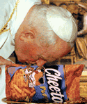 Pope John Paul II blesses a bag of Cheetos